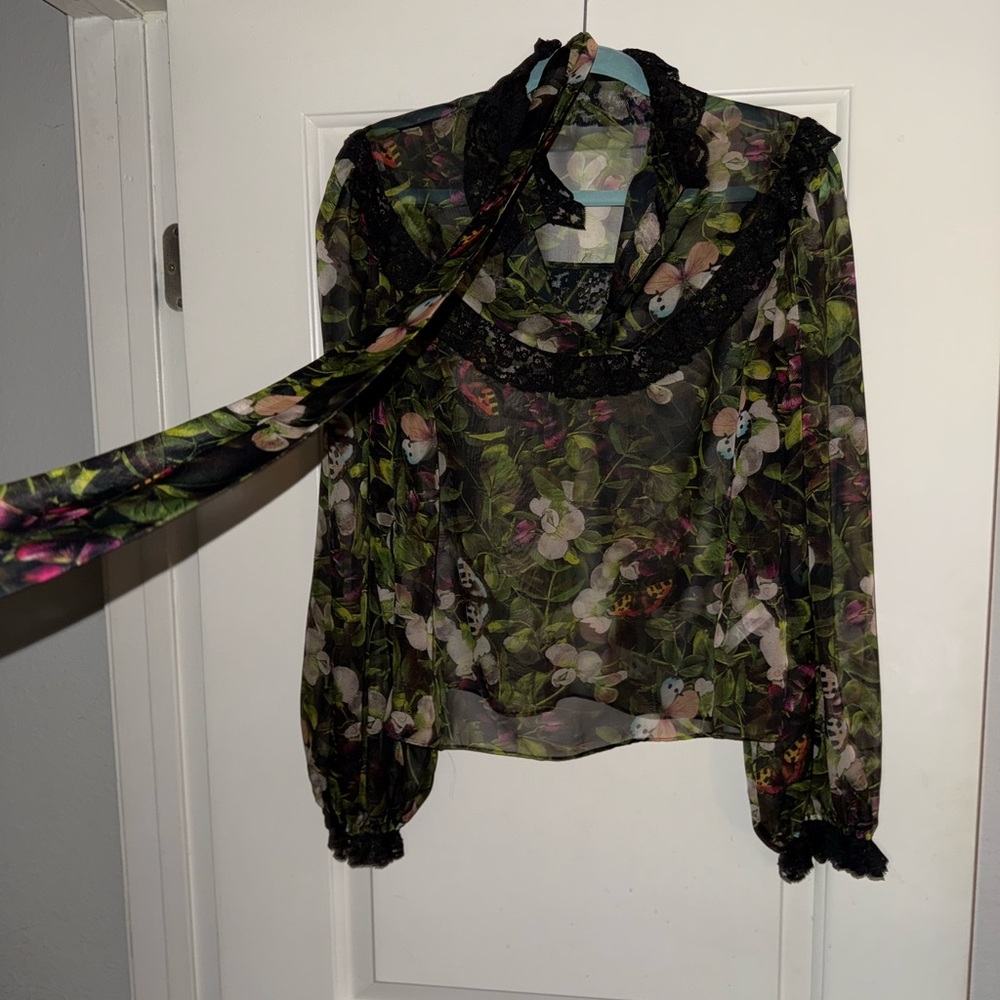Agent Provocateur Floral Sheer Blouse with Black Trim